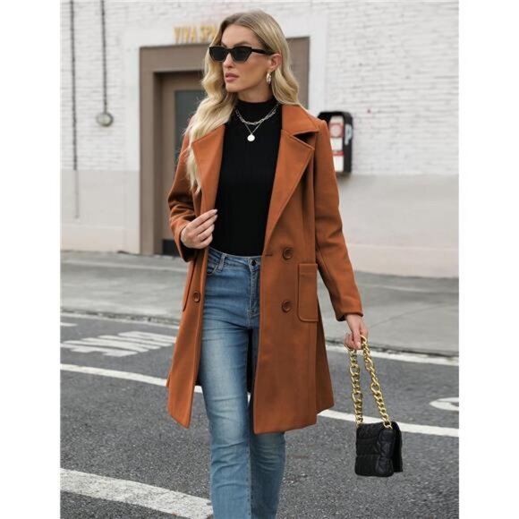 Women Mid-Long Coat Notch Double-Breasted Camel - Picture 5 of 5